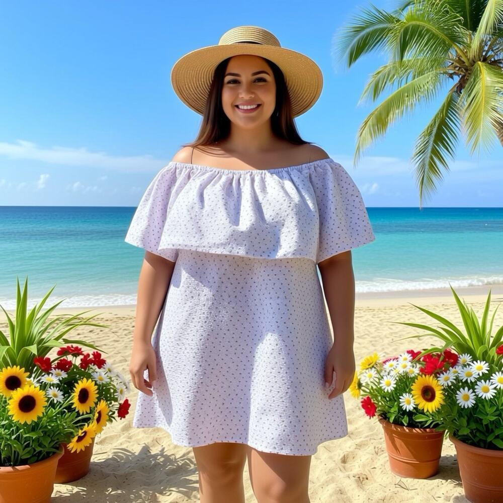 Off The Shoulder Top Plus Size 2X White Micro Floral Beach Summer Casual Boho